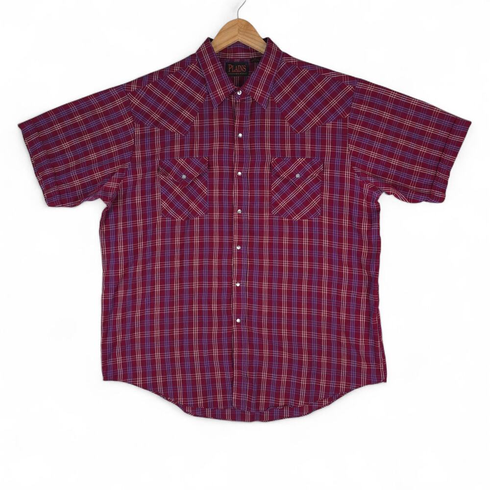Plains Wester Wear Shirt Mens XL Red White Blue Plaid Pearl Snap Cowboy‎ Rodeo